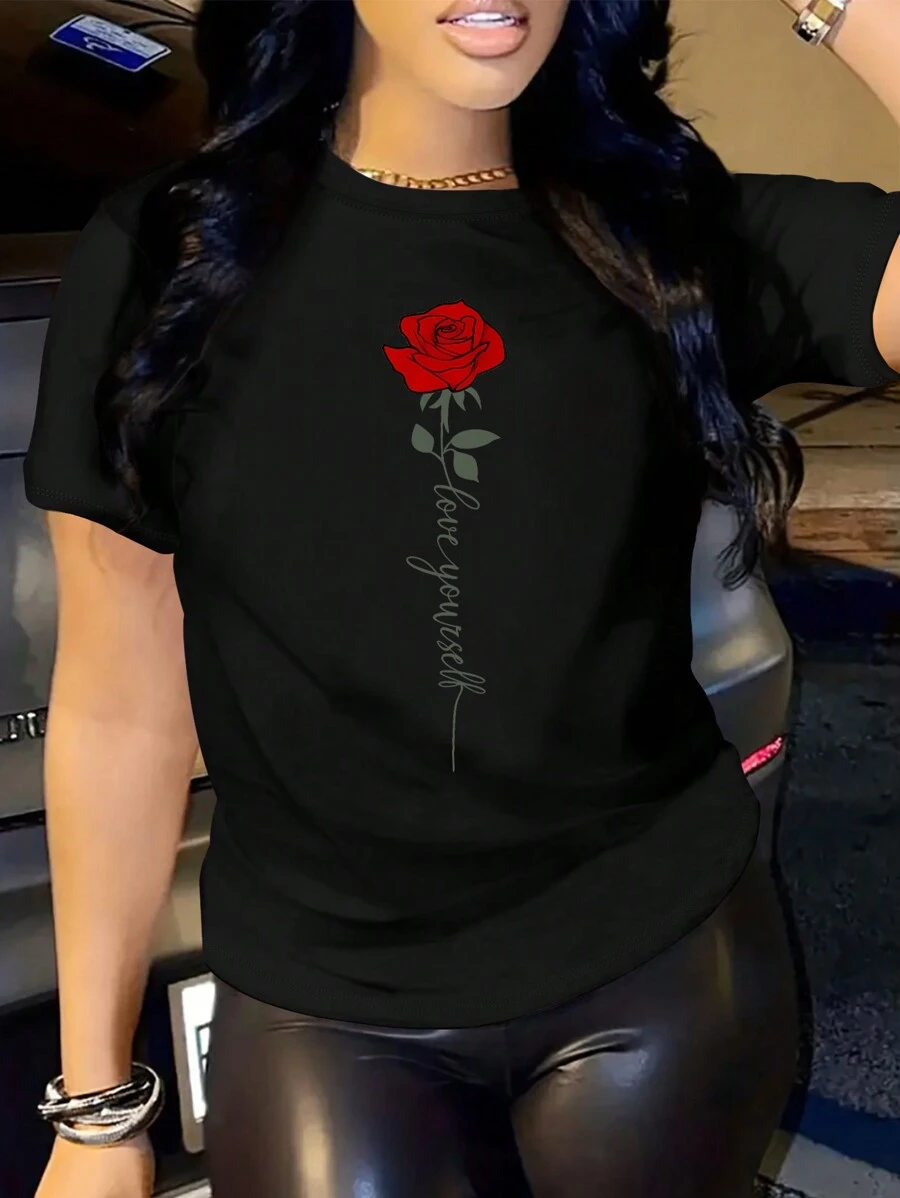 SHEIN Áo thun tay ngắn in hoa hồng mùa hè giản dị có cổ tròn Love Yourself Graphic Tees dành cho nữ - màu đen - Xem 1