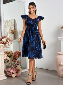 SHEIN Belle Women's Flower Printed Ruffle Waist Party Dress - Black - View 5