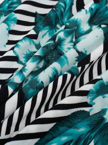 HOMEYEE Plus Striped & Floral Print Cut Out Front Dress - Mint Green - View 6