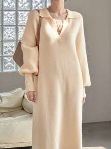 DAZY Drop Shoulder Split Hem Sweater Dress - Beige - View 3
