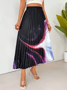 VaVaBold 女式撞色印花有彈性腰圍長款百褶休閒裙