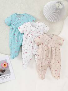 SHEIN Kurzarm Jumpsuit Set mit Blumen Muster für Baby Mädchen, 3 Stücke Hauskleidung Outfits - Verschiedenfarbig - View 1