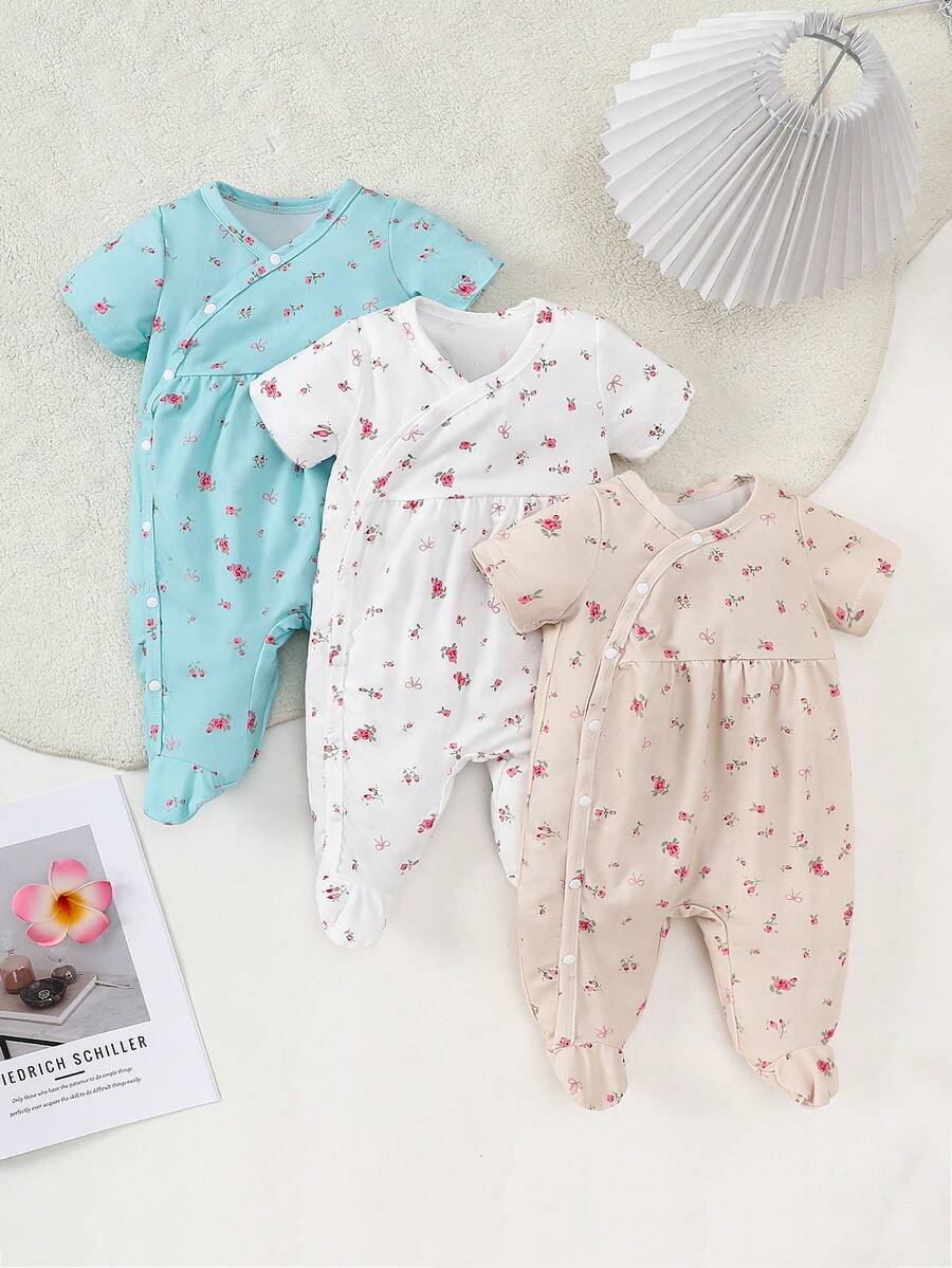 SHEIN Kurzarm Jumpsuit Set mit Blumen Muster für Baby Mädchen, 3 Stücke Hauskleidung Outfits - Verschiedenfarbig - View 1