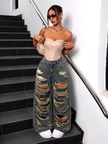 SHEIN ICON 女性時尚破損鬆身直筒牛仔褲