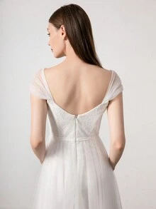Elegant Lace Patchwork Net Bridesmaid Dress - White - View 3