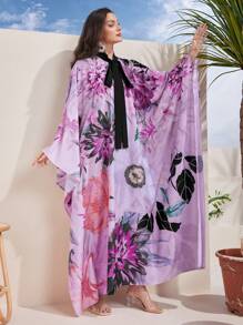 Al Najma 女式花卉印花蝙蝠袖阿拉伯连衣裙（腰带） - 彩色 - 查看 4