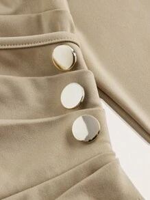 SHEIN Clasi 商務金屬扣修邊卡其色連衣裙 - 卡其色 - 查看 4
