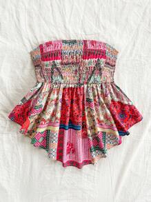 Soleia Damen Sommer Urlaubs Boho Musik Festival buntes Patchwork Bandeau Top mit asymmetrischem Saum