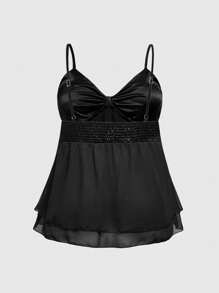 ROMWE Kawaii Top tipo camisín con volantes en el dobladillo y tirantes de espagueti de unicolor para talla grande, estilo "Himekaji" para la escuela - Negro - Ver 2