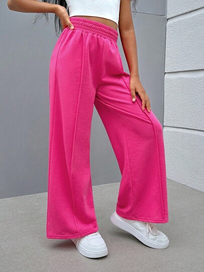 SHEIN Tween Girl Street-Style Knitted Solid Color Straight-Leg Pants For Mix-And-Match Outfits