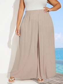 SHEIN CURVE+ Plus Size Women's Elastic Waist Wide Leg Vacation Pants - Baby Pink - View 4