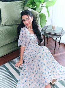 Modelyn Đầm mùa hè thanh lịch kiểu Ả Rập cổ vuông in hoa cho nữ - Nhiều màu - Xem 3