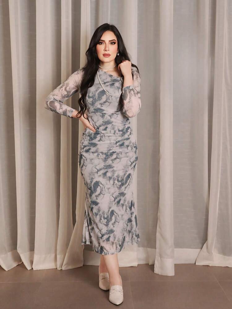 Women Spring Fashionable Tie-Dye Asymmetric Neckline Pleated Bodycon Dress With Mermaid Hem