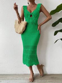 Breezaya 女士無袖針織連衣裙，搭配貝殼邊緣設計 - 綠色 - 查看 1