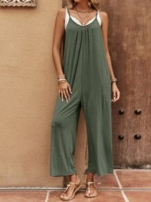 SHEIN Clasi Bộ áo liền quần không tay dáng rộng cho nữ cho mùa hè - xanh quân đội - Xem 4