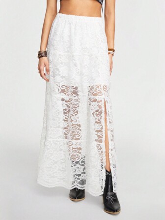 Jupe longue blanche à dentelle ouverte pour femme