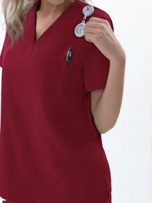 TaskEZ Burgundy Red Women Nurse Uniform Matte Scrubs Set, V-Neck Scrub Top With 1 Pocket & Drawstring Scrub Pants With 4 Pockets - Burgundy - View 7