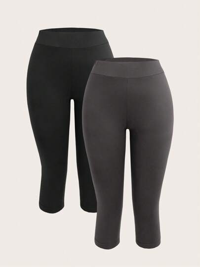 SHEIN EZwear 2pcs Women's Black And Grey 3/4 Length Tight-Fit Casual Leggings, Suitable For Summer And Autumn Suitable For Going Out Women's Sportswear