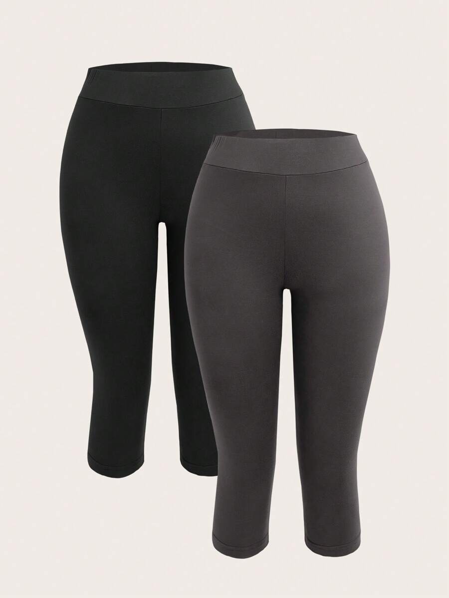 SHEIN EZwear 2入組女款黑灰色3/4貼身休閒緊身褲，適用於夏秋季節 - 彩色 - 查看 1