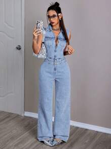 SHEIN ICON Summer Sleeveless Zipper Half Placket Denim Jumpsuit - Blue - View 3