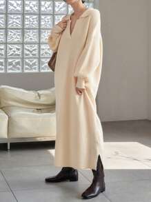 DAZY Drop Shoulder Split Hem Sweater Dress - Beige - View 4