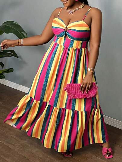 Slaydiva Plus Size Colorful Striped Pattern Long Dress For Women, With Slimming Hollow-Out Sleeveless Cami Top And Loose Multi-Layered Dress, Featuring An Elegant And Vacation Style. Spring/Summer,Beach Dress Sundress,Holiday Outfits Boho