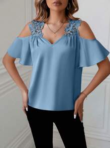 SHEIN Clasi Ladies' Solid Color Simple Daily Open Shoulder Shirt - Dusty Blue - View 4