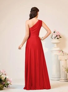 SHEIN Belle Vestido de dama de honor romántico y elegante de línea A suelta, tejido elástico de un solo hombro con retorcido