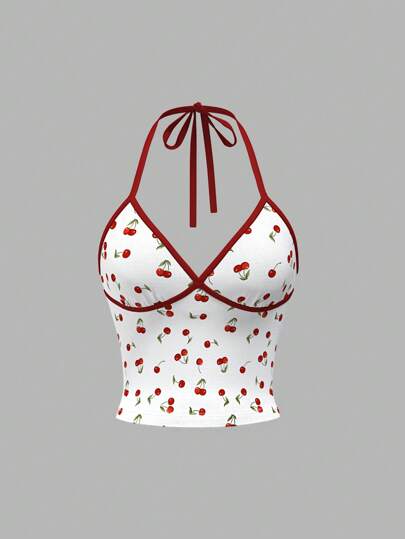 SHEIN ICON Conjuntos de verano para mujer estilo Y2K con Top sin espalda de tipo halter, con estampado de cerezas y bloques de color