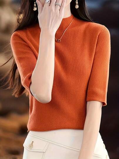 EMERY ROSE 女性時尚百搭短袖針織上衣，適用於日常上下班通勤