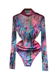 Franclia Mesh Tie Dye Printed Bodycon Bodysuit Fall Cloth For Women - Multicolor - View 3