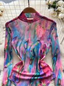 Franclia Mesh Tie Dye Printed Bodycon Bodysuit Fall Cloth For Women - Multicolor - View 5