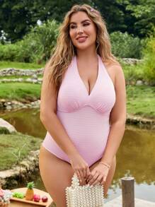 SHEIN Swim Curve Traje de baño Monokini de talla grande con rayas, cuello en V, tirantes de hombro halter y espalda descubierta, ideal para verano - Multicolor - Ver 5