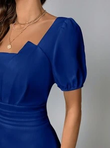 SHEIN Privé 純色對稱領派對腰A字裙 - 藍色 - 查看 6