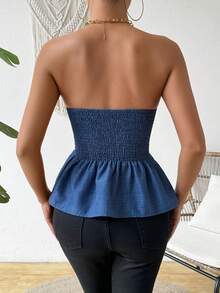SHEIN Privé Ladies' Solid Color Simple Daily Strapless Top - Blue - View 2