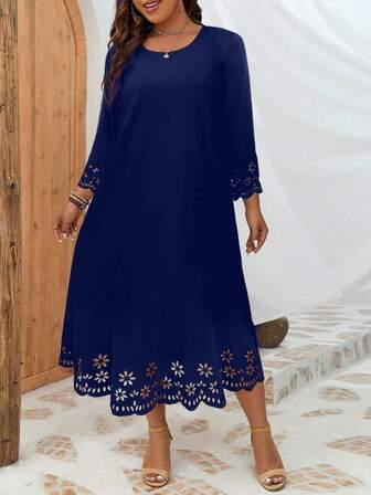 INAWLY 大碼鏤空貝殼邊直筒洋裝