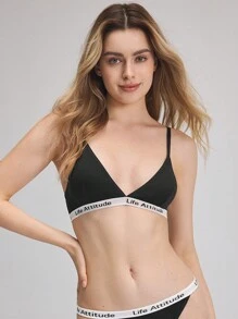 EasyFave Women's Letter Jacquard Ribbon Trimmed Bra With Spaghetti Straps Sports - Black - View 7