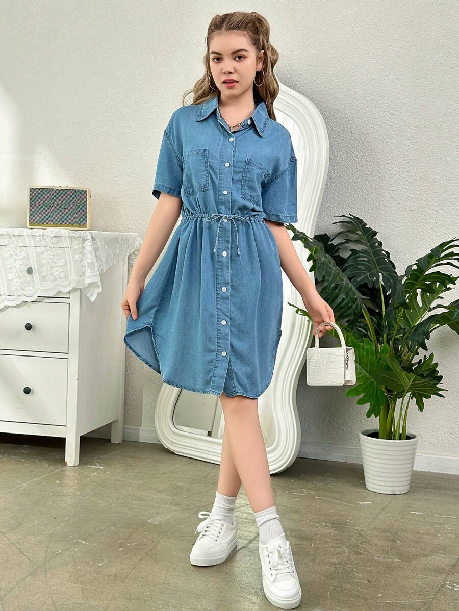 Vestido informal de mezclilla cómodo y ligero para uso diario de niña adolescente con lavado medio y cinturón de mezclilla - Lavado ligero - Ver 1