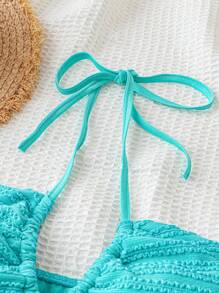 Soleia 女式孔雀蓝针织提花吊带背心露背领结腰部开衩下摆舒适度假上衣，夏季毕业季 - 藍色 - 查看 6