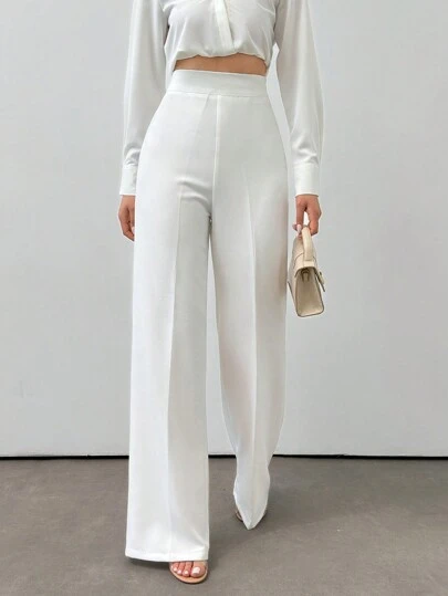 EURMUSE Plus Size Women's Elegant Solid Color High-Waisted Straight Pants With Elastic Waistband Fold Over Pants White Dress Pants White Wide Leg Pants Women White Flare Pants