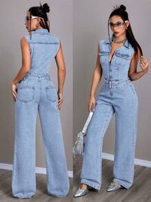 SHEIN ICON Summer Sleeveless Zipper Half Placket Denim Jumpsuit - Blue - View 1