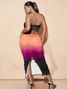 SHEIN BAE Elegante vestido largo con escote asimétrico, plisado y estampado abstracto degradado en toda la malla, para fiesta de cumpleaños