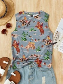 SHEIN LUNE 女式假日休閒仙人掌印花牛仔頂 - 淺灰色 - 查看 6