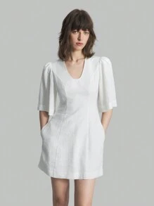 Ontre Women Summer Solid V-Neck Puff Sleeve Straight Casual Short Dress, Fall Back To School Outfit