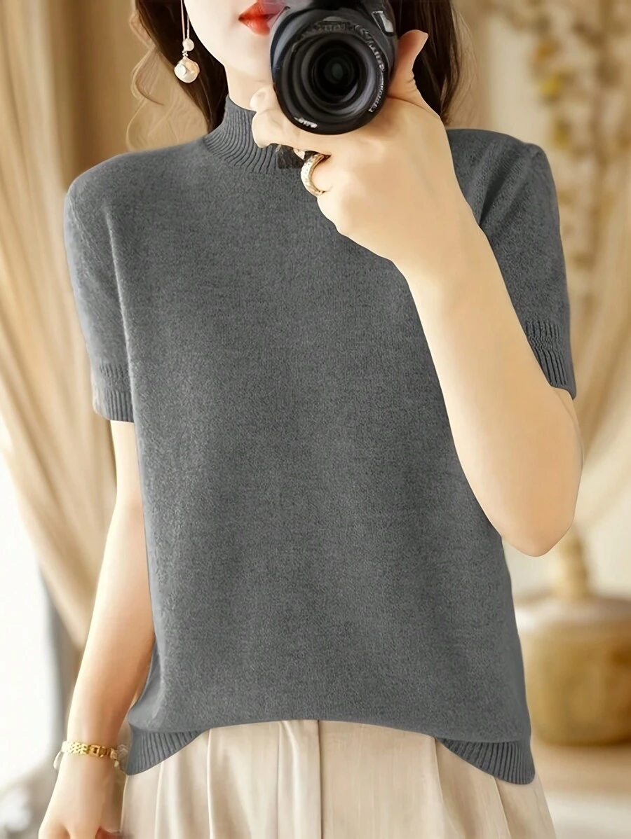SHEIN LUNE Femme Printemps Automne Haut Tricoté à Manches Courtes et Col Montant en Couleur Unie, Décontracté