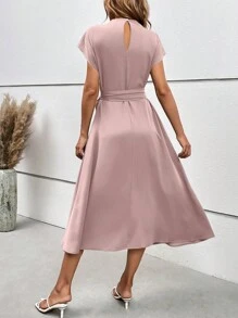 SHEIN Clasi Women's Solid Color Belt Decorated Dress With Simple Design Maxi Women Outfit - Pink - View 2