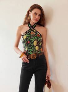 MOTF PREMIUM PLANTS PRINT CRISSCROSS HALTER TOP
