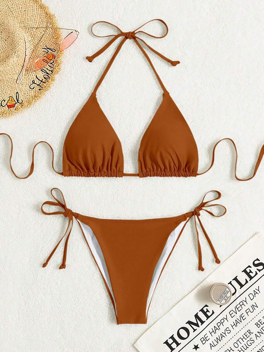 SHEIN Swim 女士純色綁頸背心Bra和比基尼底部啡色泳裝,夏季沙灘性感比基尼套裝 - 鏽棕色 - 查看 1