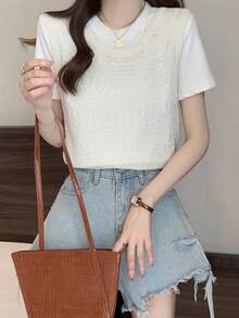 Women's Casual Hollow Out Loose Fit Round Neck Solid Color Knit Vest Sweater, Gentle Style For Summer - Apricot - View 5