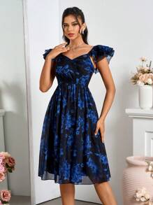 SHEIN Belle Women's Flower Printed Ruffle Waist Party Dress - Black - View 6